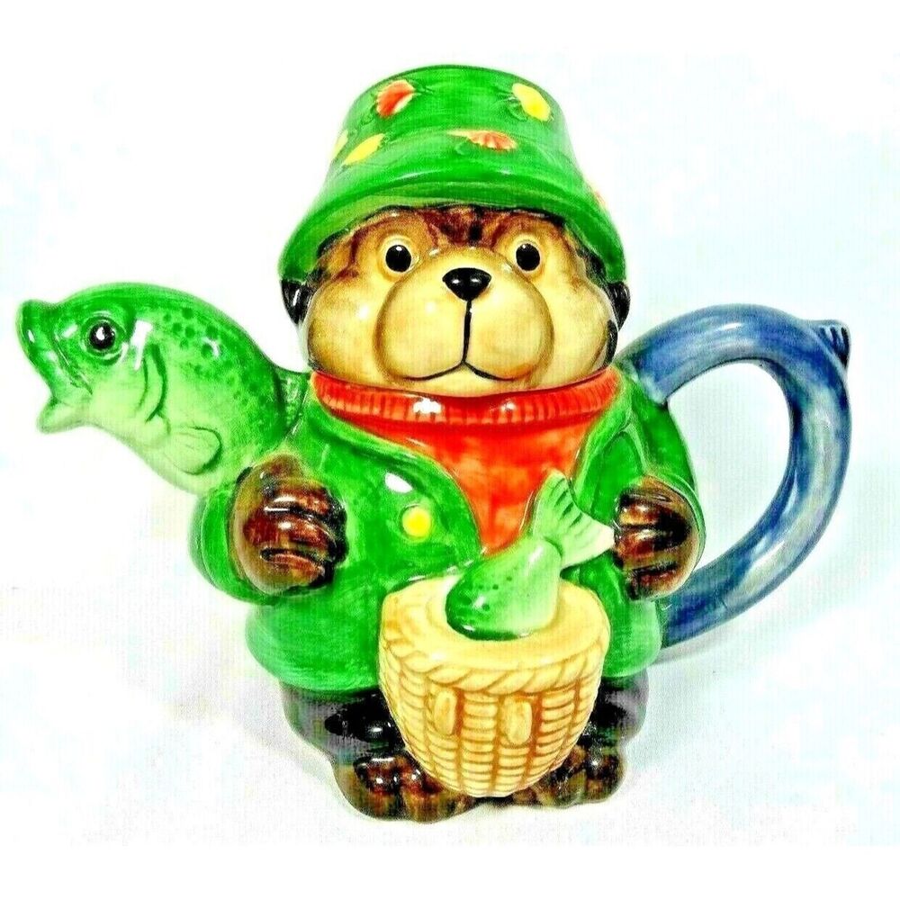 Otter Pop Teapot Fish Spout Basket Vintage 1980s Danbury Mint Fisherman Gift